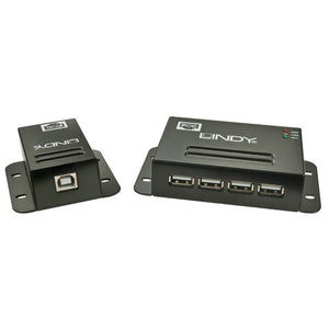 Lindy 50m Cat6 USB 2.0 Extender set: small transmitter with USB Type B port and receiver with four USB-A ports