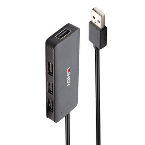 Lindy 4 Port USB 2.0 Hub standing on end, showing one USB-A port on top, three along the side and the USB-A plug