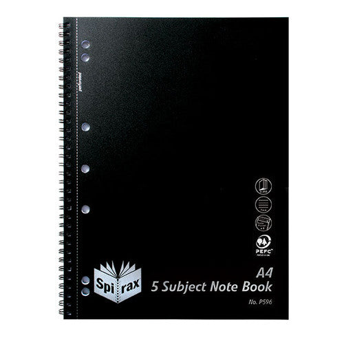 Spirax Polypropylene 5 Subject Notebook A4 Side Opening 250 Pages Black