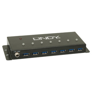 Black Lindy 7 Port Industrial USB 3.0 Hub with mounting brackets, DC screw socket, seven blue USB-A ports and LEDs