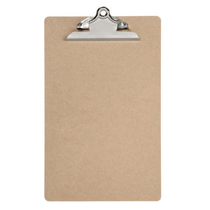 Front view of the brown Marbig Professional foolscap masonite clipboard 43152, a longer board with a large chrome lever clip at the top centre