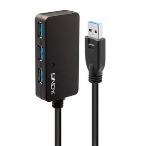 Lindy 10m USB 3.0 Active Extension Pro 4 Port Hub standing upright with blue USB 3.0 ports on its side and the USB-A plug