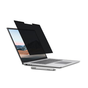 Kensington MagPro Elite Privacy Screen for Surface Laptop 15 Inch partly lifted from the screen of a Surface Laptop, with a Surface Pen lying in front