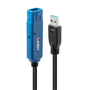 Lindy 15m USB 3.0 Active Extension Pro with its blue Lindy female housing standing beside the black USB A plug