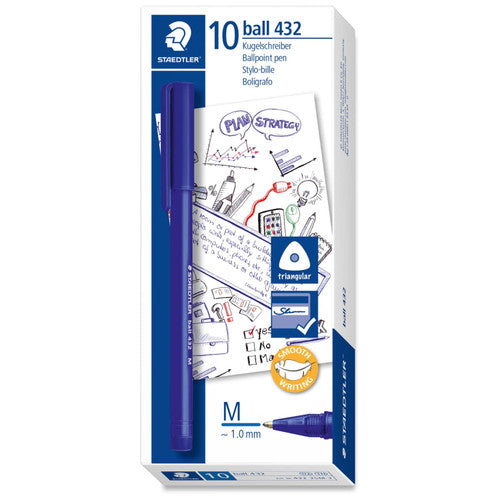 Staedtler 432 35M-3 Stick 432 Triangular Ballpoint Pen Medium Blue Carton of 10