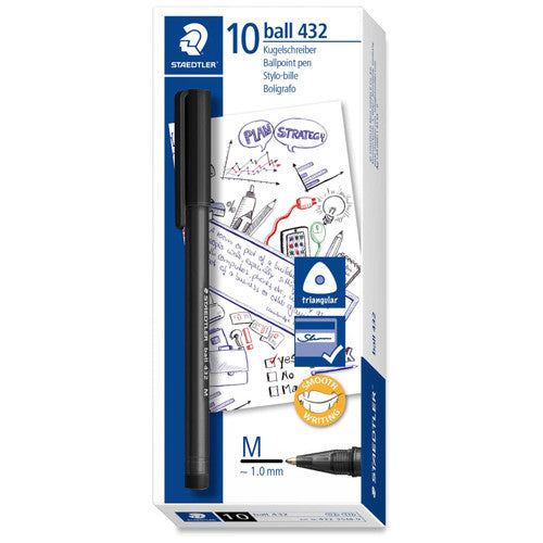 Staedtler 432 35M-9 Stick 432 Triangular Ballpoint Pen Medium Black Carton of 10