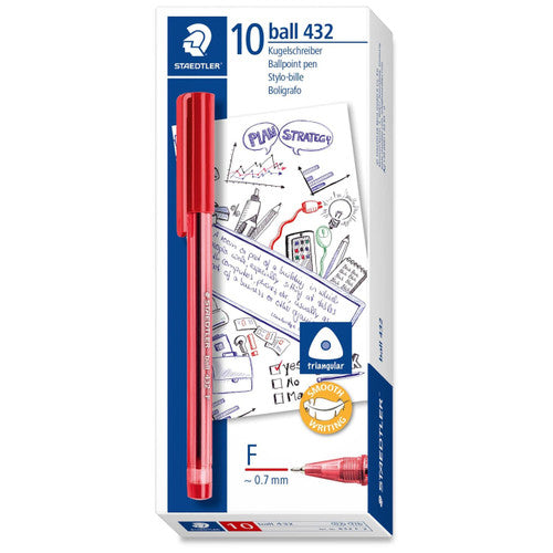 Staedtler Stick Triangular Ballpoint Pens Fine 0.7mm Red Box of 10 432 F-2