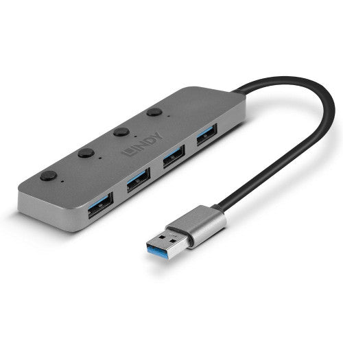 Lindy 4 Port USB 3.0 Type A Hub with On/Off Switches Grey