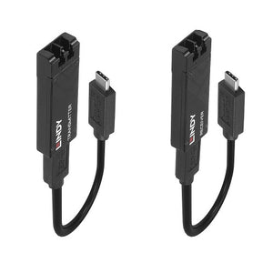 Lindy 100m Fibre Optic USB 3.2 Type C Extender transmitter and receiver standing upright, each with a short USB-C pigtail and LC port