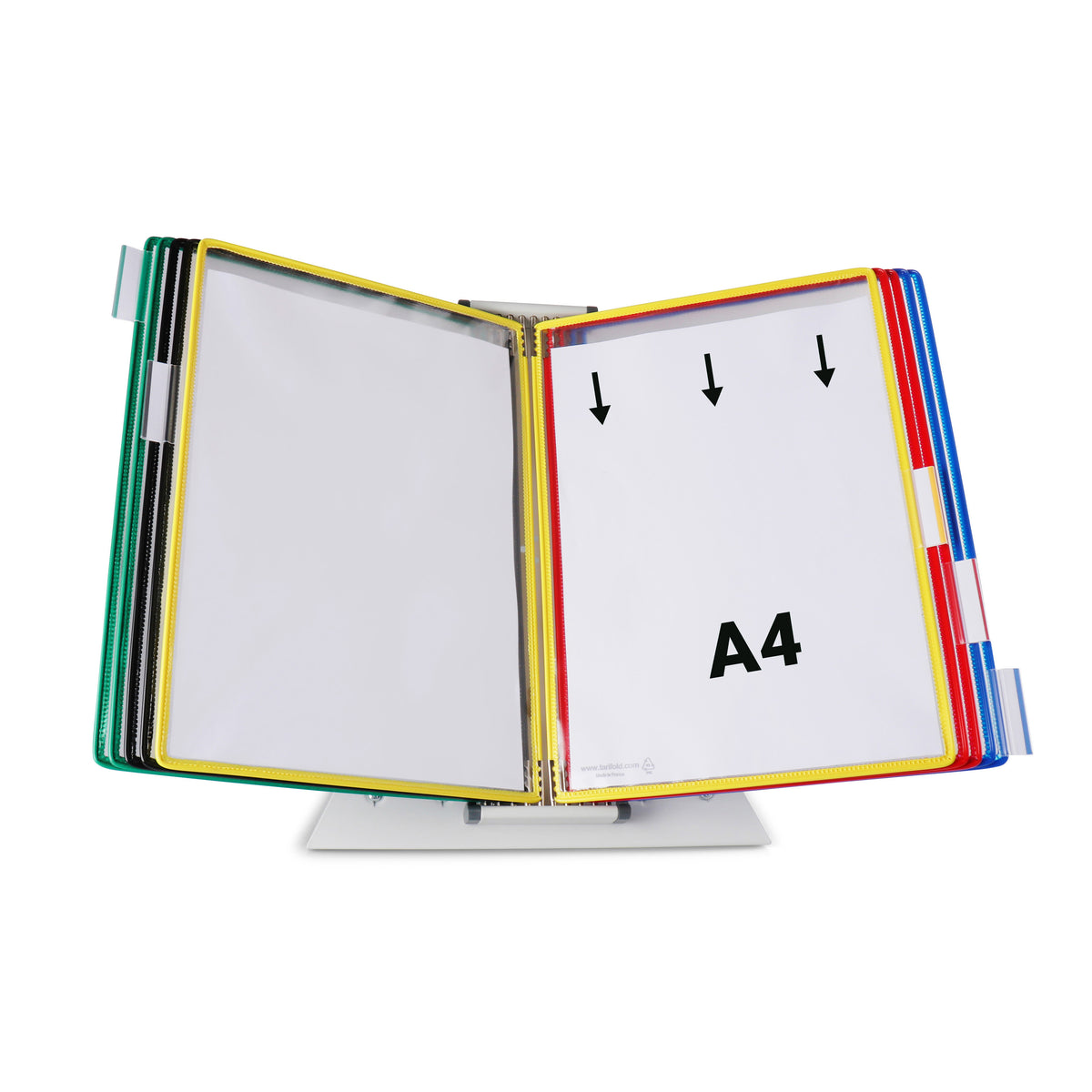 Tarifold 434109 desk stand from the front, yellow and red A4 pockets open with downward arrows showing top loading, light grey metal base and clip-on index tabs
