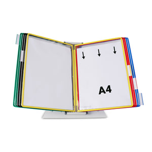 Tarifold 434109 desk stand from the front, yellow and red A4 pockets open with downward arrows showing top loading, light grey metal base and clip-on index tabs
