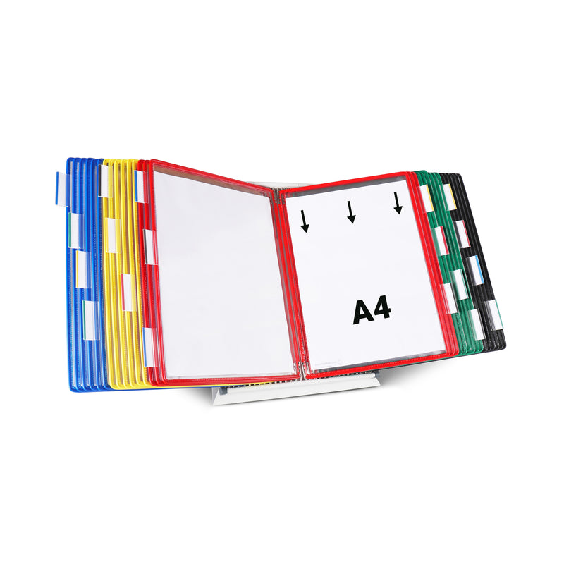 Tarifold 434309 desk stand from the front with blue and yellow pockets on the left, red A4 pockets open showing top loading arrows and green and black pockets on the right