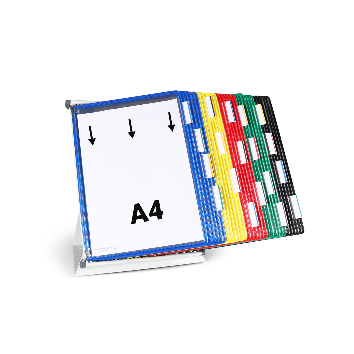 Tarifold 434309 stand at an angle, blue A4 pocket at the front with top loading arrows and white index tabs along the yellow, red, green and black pocket edges