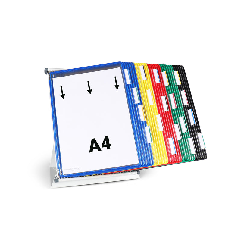 Tarifold 434309 stand at an angle, blue A4 pocket at the front with top loading arrows and white index tabs along the yellow, red, green and black pocket edges