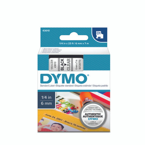 Dymo D1 label tape 6mm x 7m black on clear narrow transparent tape for cable and component labelling