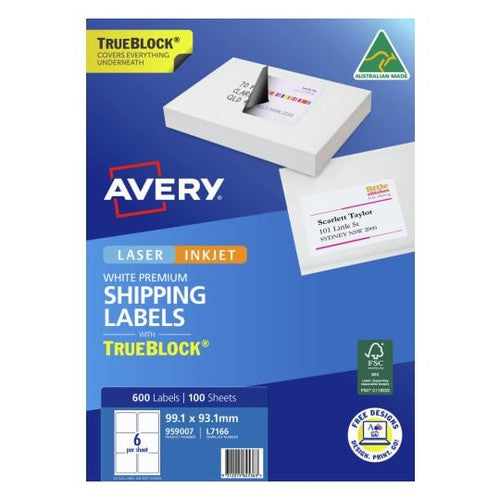 Avery L7166 Laser TrueBlock Shipping Labels 99.1 x 93.1mm 100 Pack 6UP