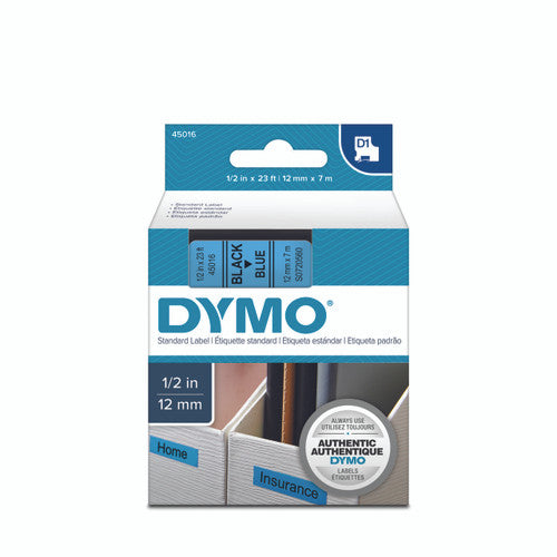 Dymo D1 label tape 12mm x 7m black on blue colour coded labelling for filing and office organisation