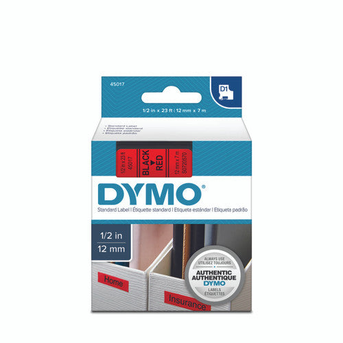 Dymo D1 label tape 12mm x 7m black on red high visibility warning labelling for LabelManager