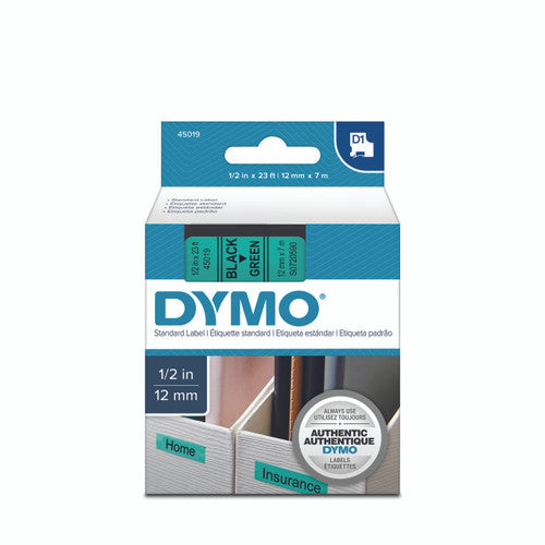 Dymo D1 label tape 12mm x 7m black on green safety and environmental colour coded labelling