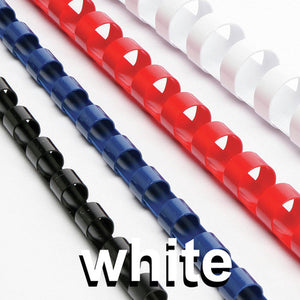 Black, blue, red and white plastic binding combs photographed diagonally, with the word white printed across the photo