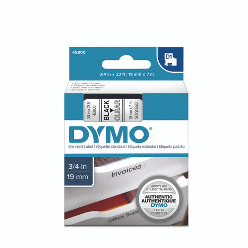 Dymo D1 label tape 19mm x 7m black on clear wide transparent shelving and equipment labelling