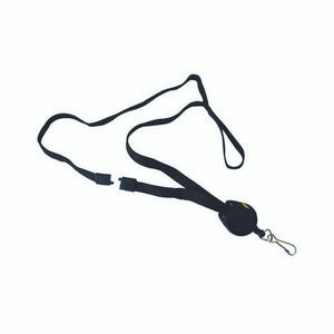 Kevron ID1021 black breakaway lanyard with its badge reel and metal hook, laid out with the breakaway connector apart