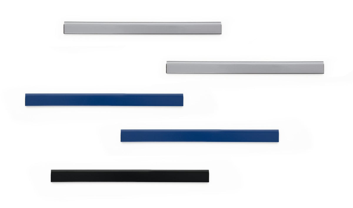 Durable Durafix rails in silver, dark blue and black laid out on a white background