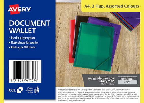 Avery Assorted Colours Plastic A4 Document Wallet