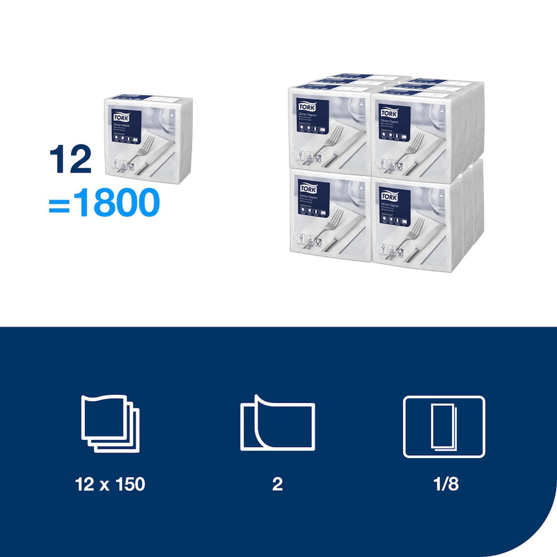 Tork information panel showing stacked napkin packs marked 12 equals 1800, with icons for 12 x 150, 2 ply and a one eighth fold