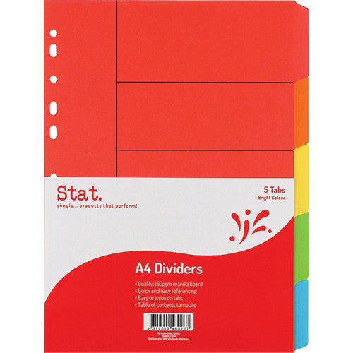 A4 Bright Colours Manilla Dividers 5 Tab