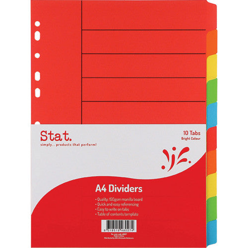 A4 Bright Colours Manilla Dividers 10 Tab
