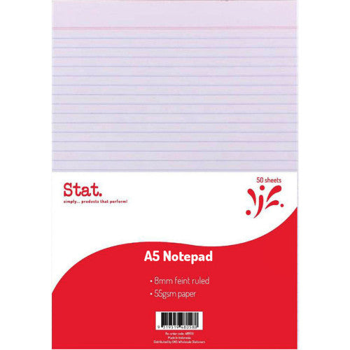 A5 Notepad 50 Sheets 55gsm 8mm Ruled White