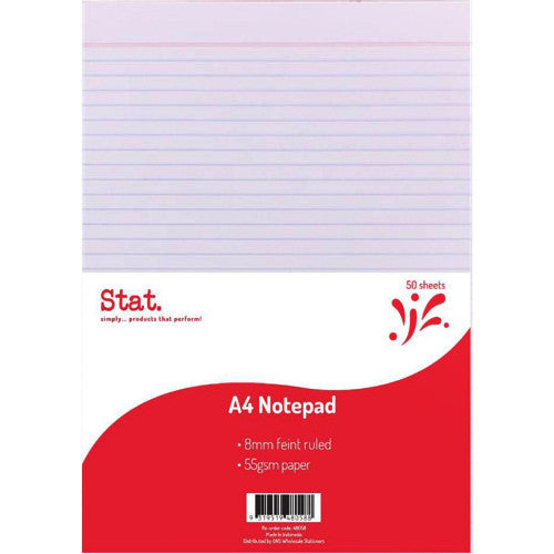 A4 Notepad 50 Sheets 55gsm 8mm Ruled White