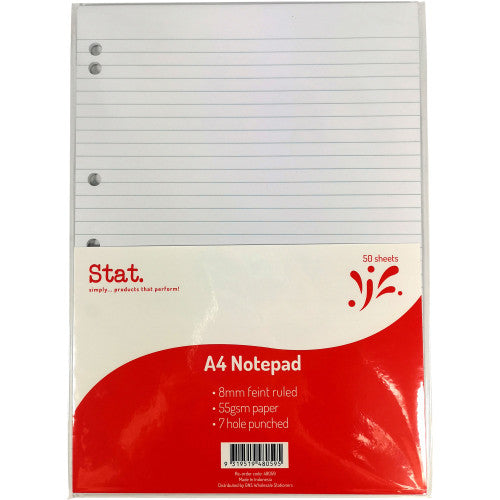 A4 Notepad 7 Hole Punched 50 Sheets 55gsm 8mm Ruled White