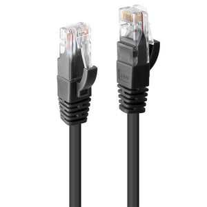 Close view of the two RJ45 plugs on the Lindy 10m Cat6 U/UTP Gigabit network cable in black, showing the snagless boots and clear connector heads