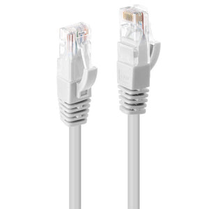 Close view of the two RJ45 plugs on the Lindy 0.5m Cat6 U/UTP Gigabit network cable in white, showing the snagless boots and clear connector heads