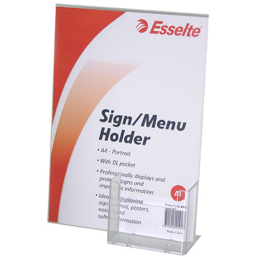 Esselte 48362 Sign or Menu Holder Slanted Portrait A4 with DL Pocket Clear