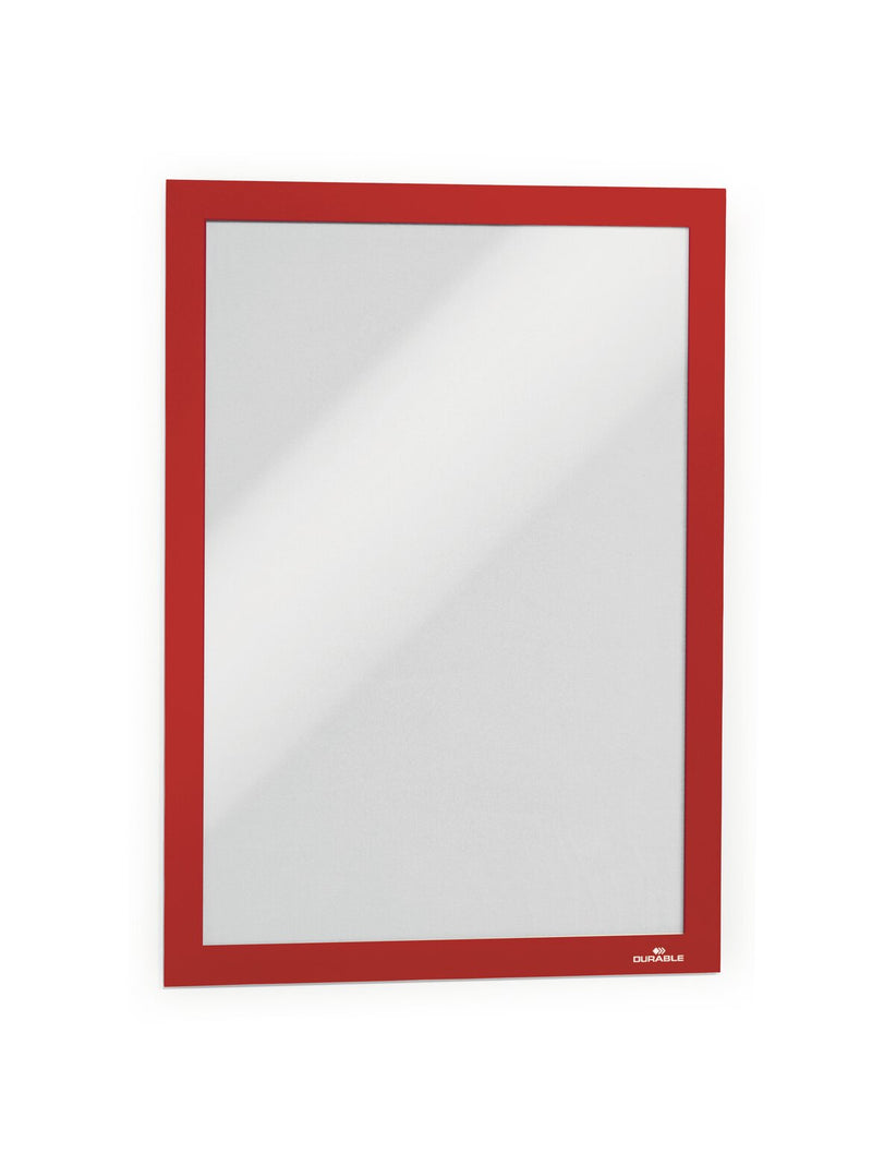 Durable Duraframe A4 sign holder with a red border, empty, front view on a white background