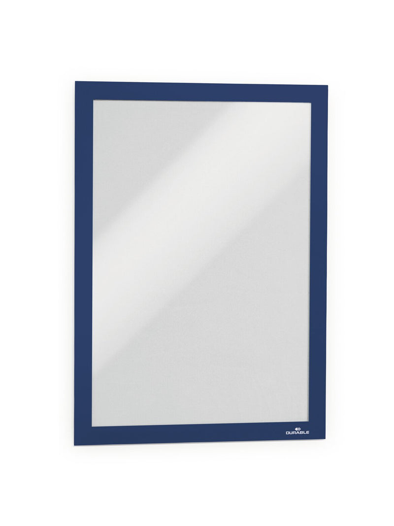 Durable Duraframe A4 sign holder with a dark blue border, empty, front view on a white background