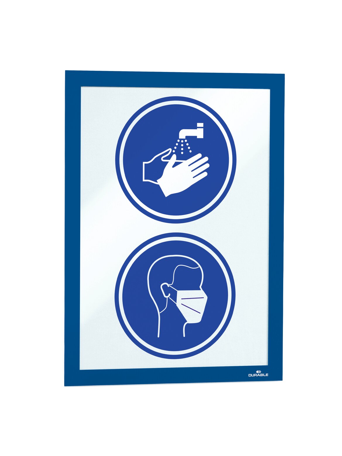 Dark blue Duraframe A4 frame holding a page with two blue mandatory signs for hand washing and face masks