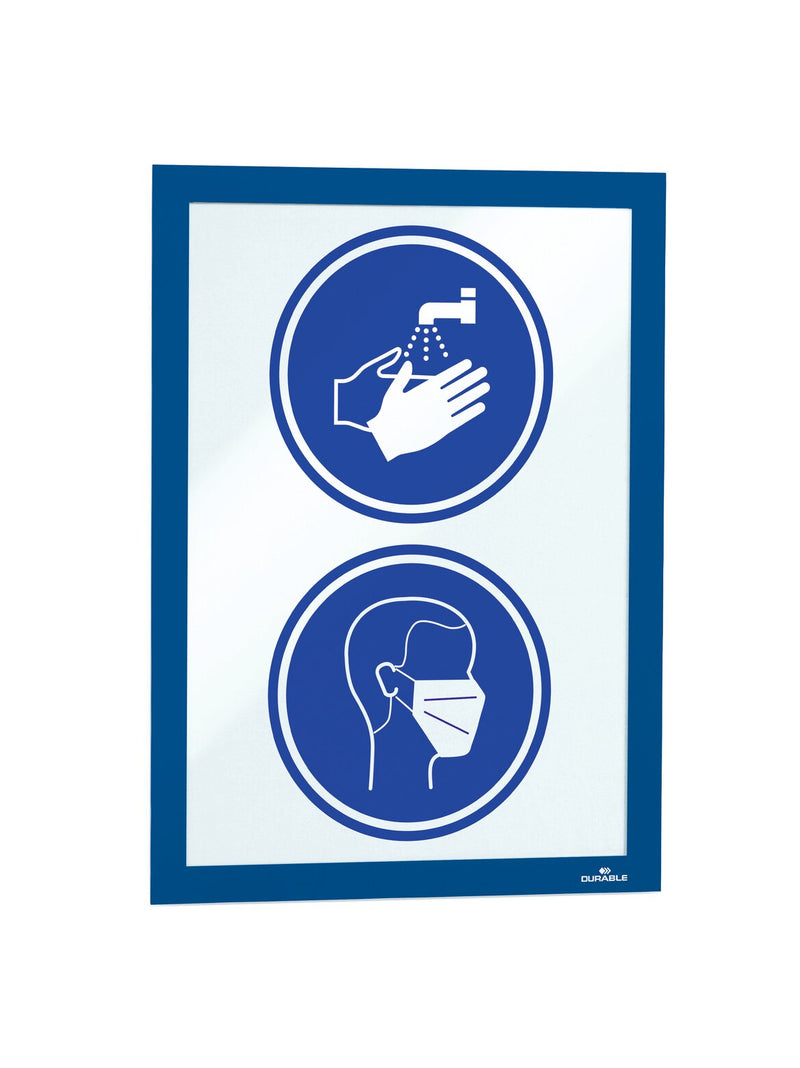 Dark blue Duraframe A4 frame holding a page with two blue mandatory signs for hand washing and face masks
