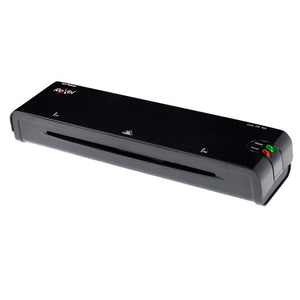 Rexel SG300 A4 laminator in black seen from the front at an angle, with the feed slot and control lights on the right