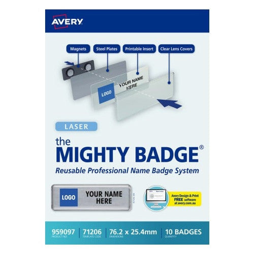 Avery Mighty Badge Silver Name Badge Kit Of 10