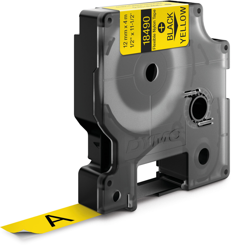 Dymo label tape cartridge with yellow label on a white background