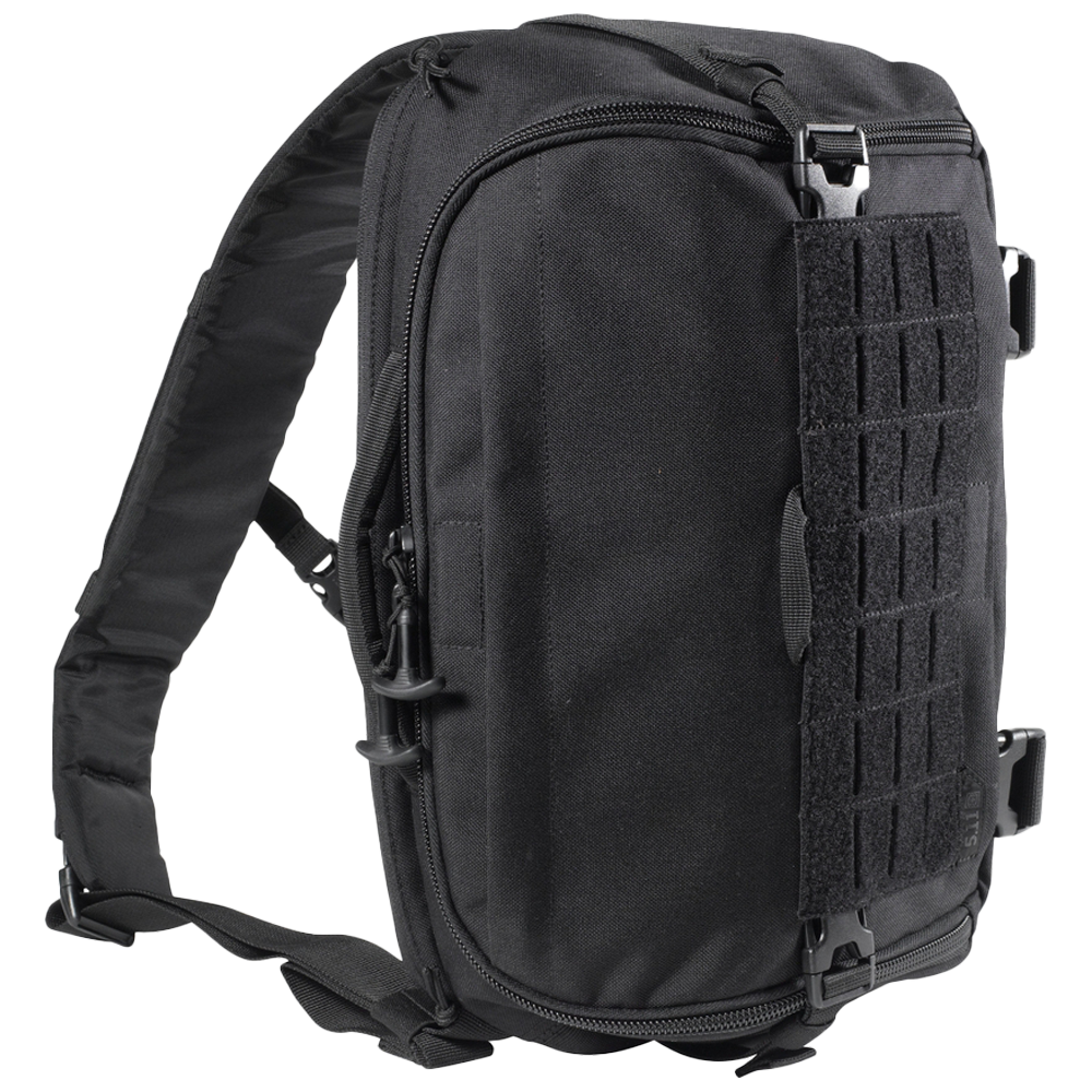 5.11 UCR Sling Pack Black showing compact tactical cross-body sling pack with bungee compression and MOLLE panels for first responders