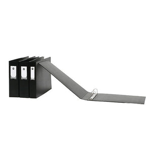 A row of black Marbig Deluxe ring binders standing with white spine label panels, and one more opened out flat in front of them showing the ring rail, on white.