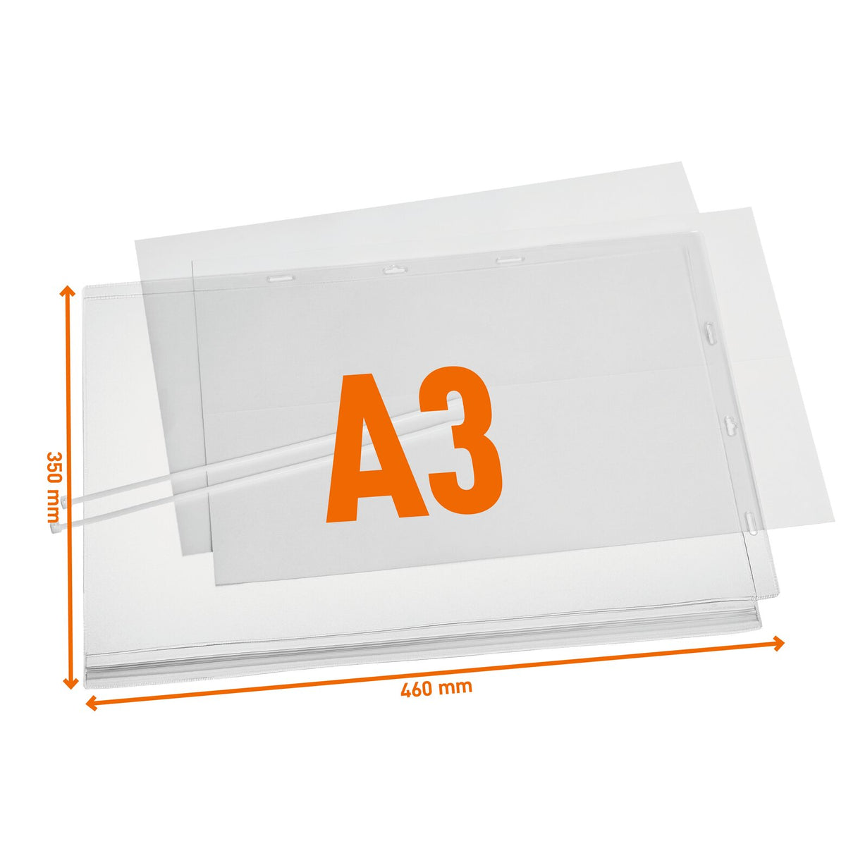Durable A3 water-resistant pocket with cable ties, outer dimensions 350 x 460 mm marked