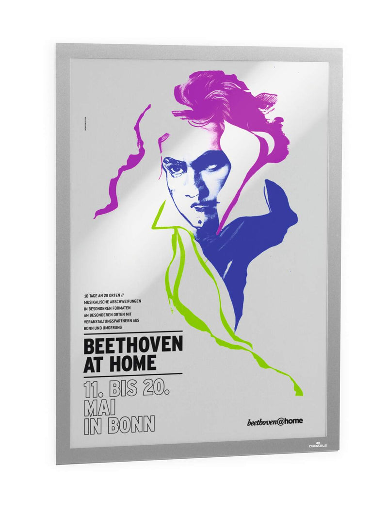Durable Duraframe Poster A2 in silver holding a Beethoven at Home event poster