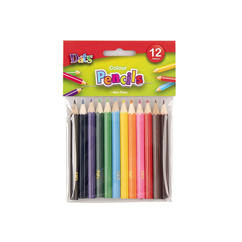 Dats Colour Pencils header card pack with twelve sharpened half length colour pencils in a clear sleeve, header reading 12 Colours.
