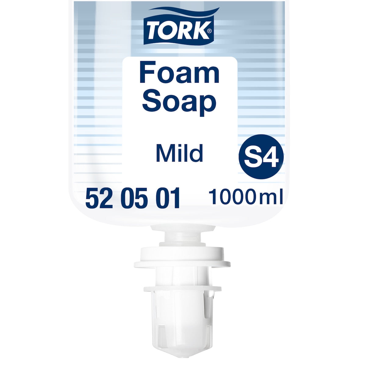 Blue and white Tork foam soap cartridge printed Foam Soap, Mild, S4, 1000 ml and article 52 05 01, with the pump fitting at the base